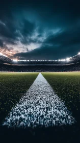 Floodlit soccer stadium centers on dramatic midfield line.