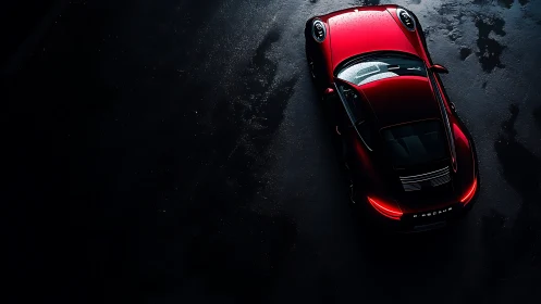 Red performance coupe captured in dramatic low-key overhead.