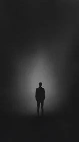 Backlit human silhouette in radial low-key luminance field.