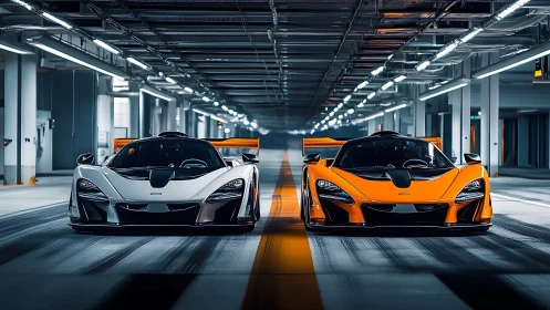 Dual hypercars in symmetrical underground parking tunnel.