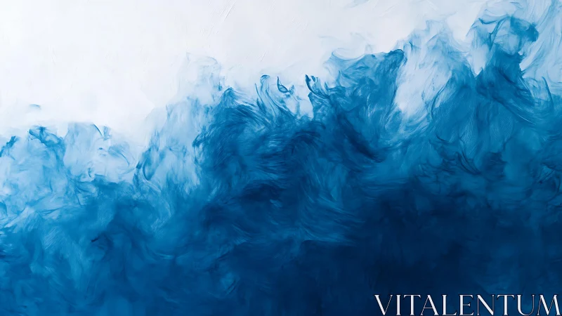 Blue abstract ink waves blending with white background, modern art.