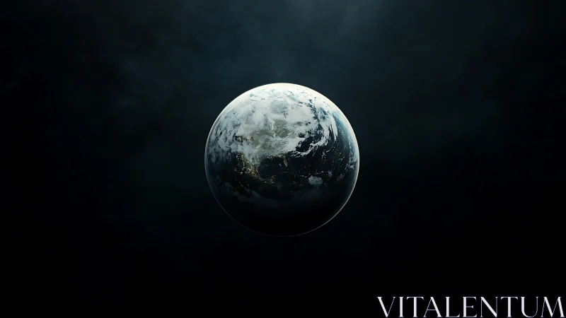 Earth sphere suspended in deep cosmic darkness.