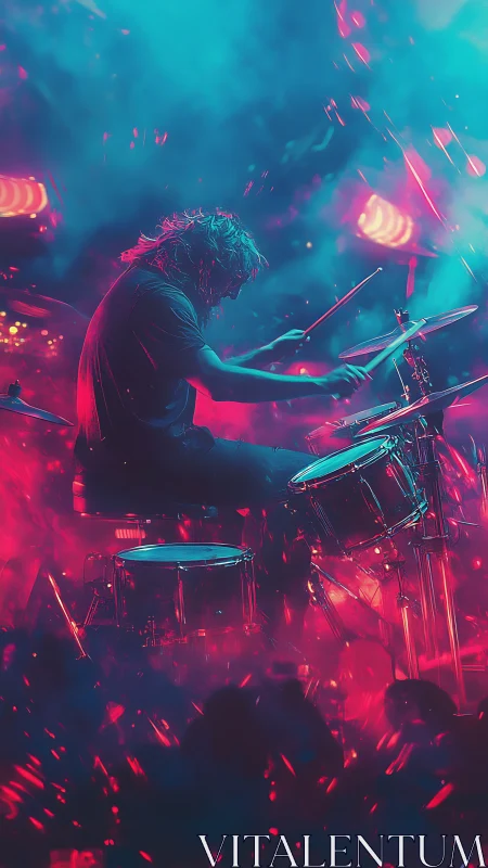 Drummer ignites neon stage with explosive cyberpunk energy.