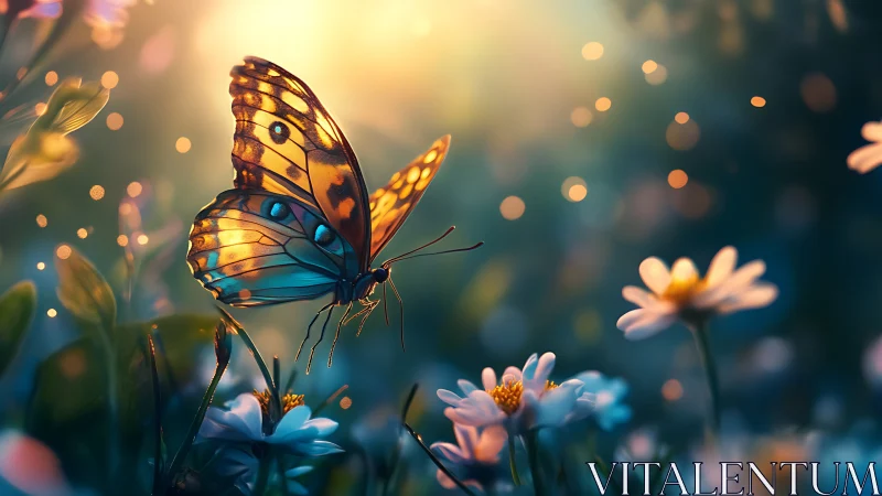 Macro study of illuminated butterfly on daisies at dusk