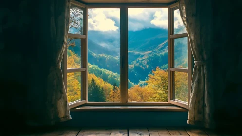 Mountain valley landscape framed by rustic window view.