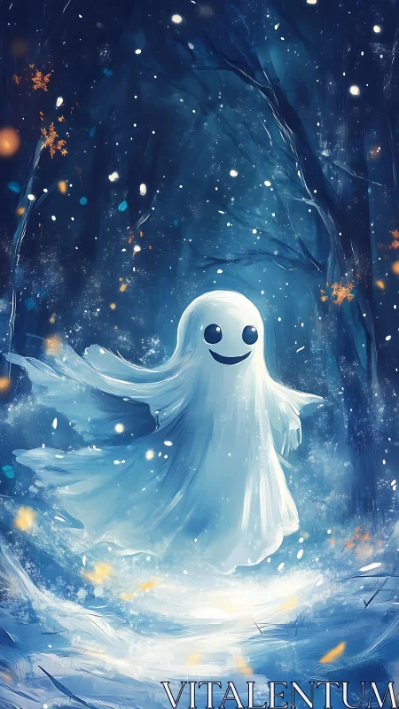 Cartoon ghost figure in stylized snowy forest at night.