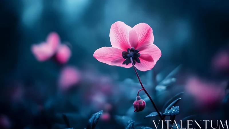 Pink Orchid Bloom with Selective Focus Against Blurred Teal Environment