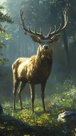 Sunlit stag poised in misty forest glade at daybreak.