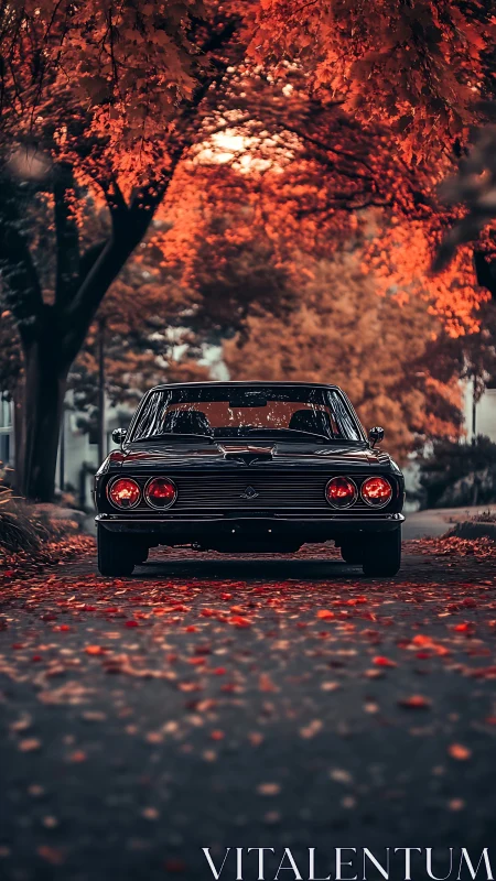 Low-angle classic coupe under saturated autumn foliage canopy