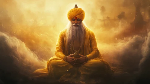 Golden robed sage meditates in glowing celestial clouds