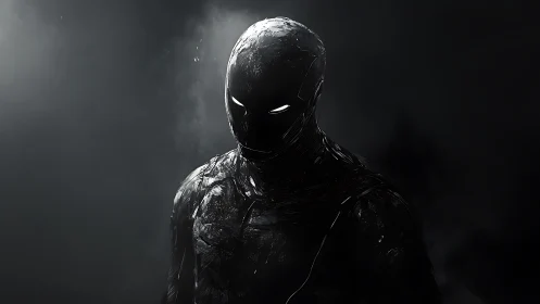 Obsidian-suited humanoid with glowing eyes in smoky void.