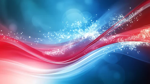 Curved red and blue light waves flow diagonally with sparkles