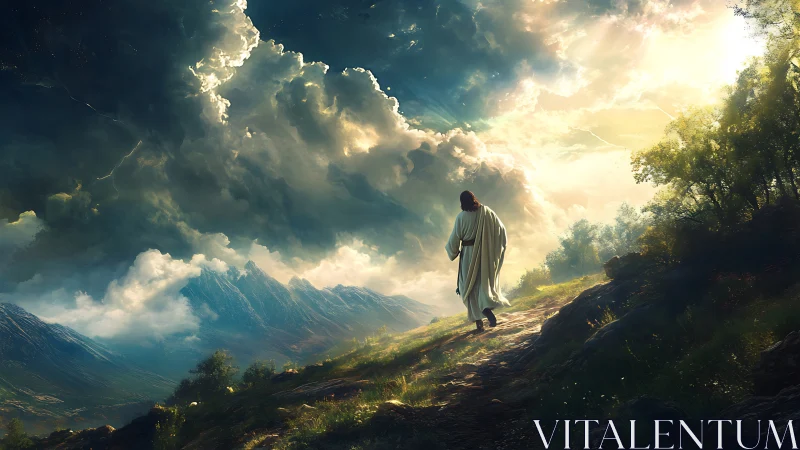 Lone robed wanderer climbs sunlit path beneath storming heavens.