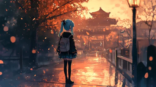 Twilight rain polishes an autumn path for a lone dreamer