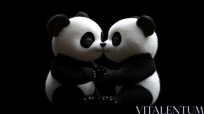 Symmetrical 3D render shows two stylized panda cubs nuzzling closely