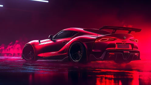 Neon-lit red sports coupe in cinematic rain-soaked nightscape.