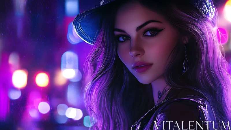 Neon-bathed digital portrait of hat-wearing woman at night.