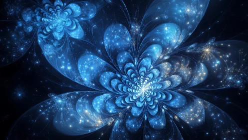 Celestial blue fractal flowers unfold in a luminous cosmos
