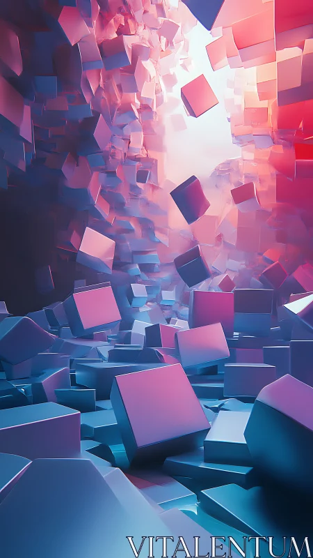 Cascading neon cubes tumble through a glowing digital canyon