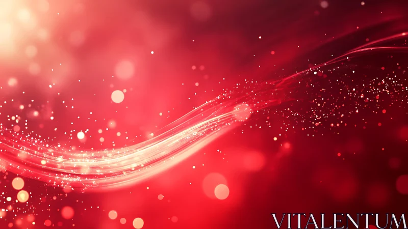 Abstract red light wave with glowing sparkles, digital art style.