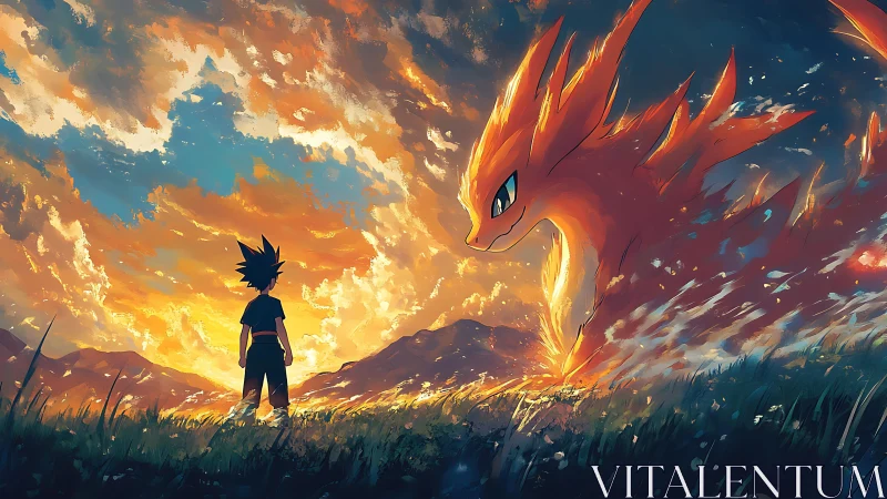 Skyfire pact at dusk between boy and blazing spirit beast.