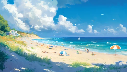 Sunlit seaside beachscape under towering summer clouds.