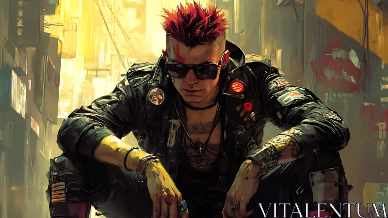 Neon city rebel crouching in moody golden alleyway glow.