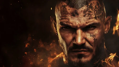 Digital portrait of tattooed man in infernal chiaroscuro lighting.