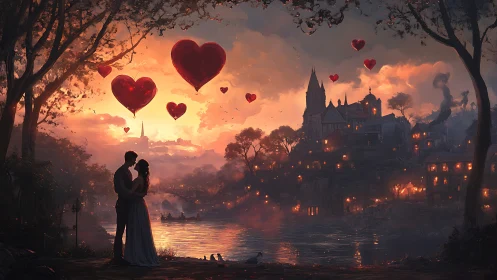 Lovers beneath floating hearts in gothic castle sunset.