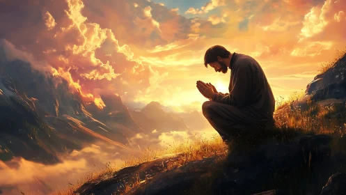 Kneeling figure in volumetric sunset over stratified mountains.