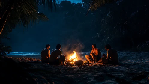 Beach Bonfire Gathering Under Starlit Sky.