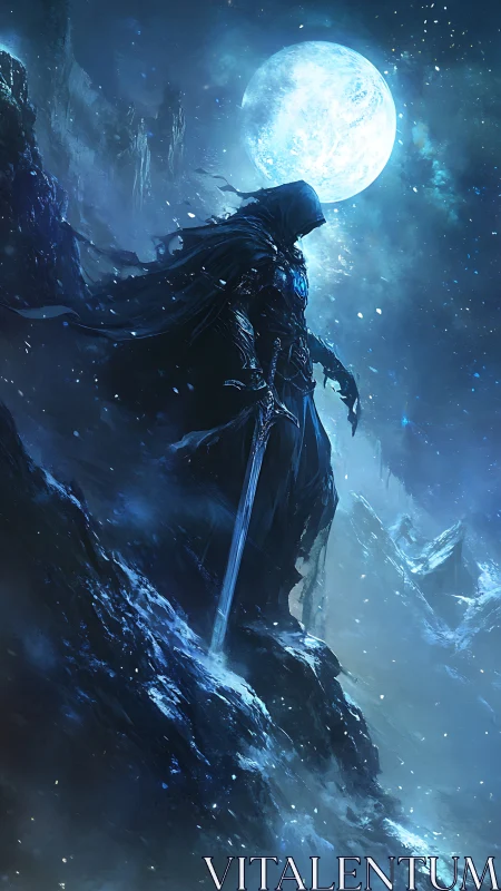 Hooded dark knight stands on icy ridge under full moon.