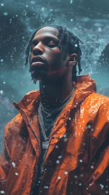 Immersed portrait in teal water with vivid orange jacket.