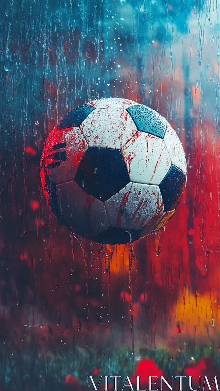 Soaked soccer ball suspended in vivid neon rainfall.