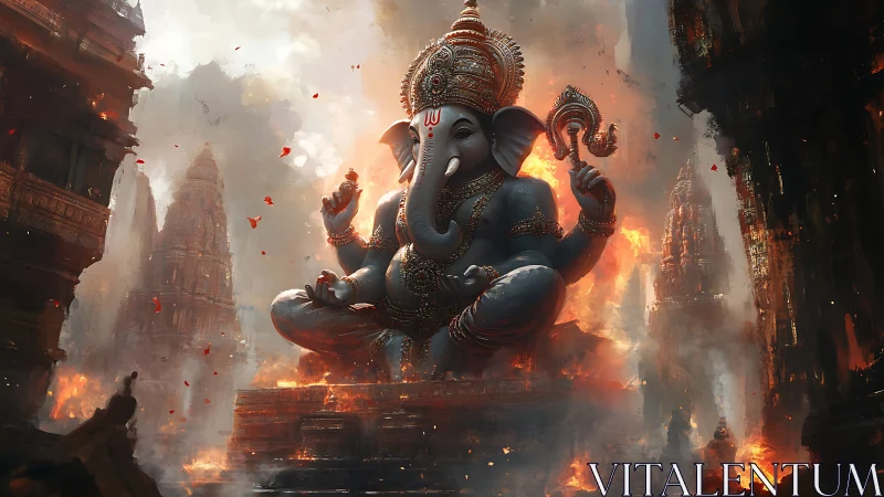 Colossal Ganesha deity amid burning temple ruins, cinematic scale