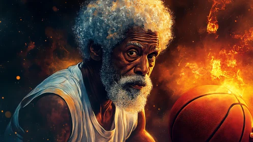 Elderly basketball player in fiery cinematic digital portrait.