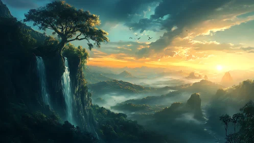Sunrise washes misty fantasy valley with cascading cliffs.