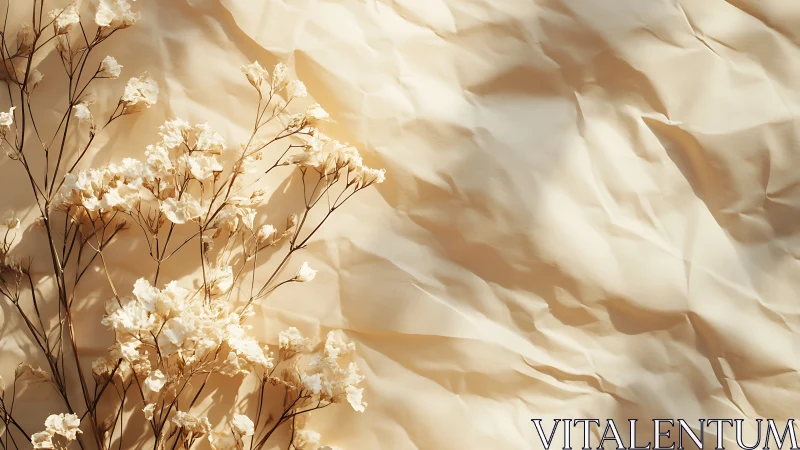 Dried white flowers cast soft shadows on crumpled paper.