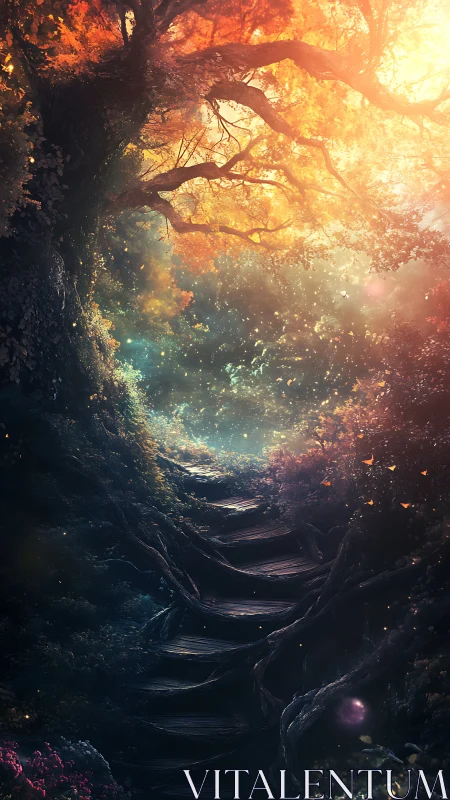 Enchanted forest stairway glows under golden ethereal light.