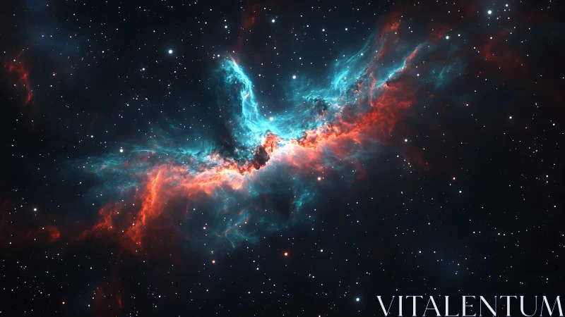 Bipolar teal and red nebula stretches across dense starfield