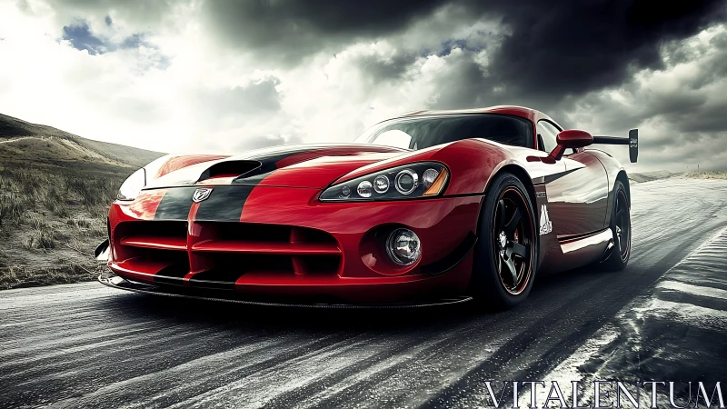 Scarlet track predator storms beneath bruised desert sky.