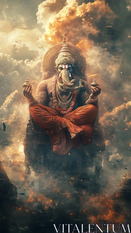 Majestic Ganesh deity rendered in atmospheric volumetric clouds