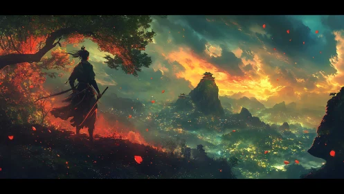 Lone samurai silhouette surveying illuminated valley citadel at dusk