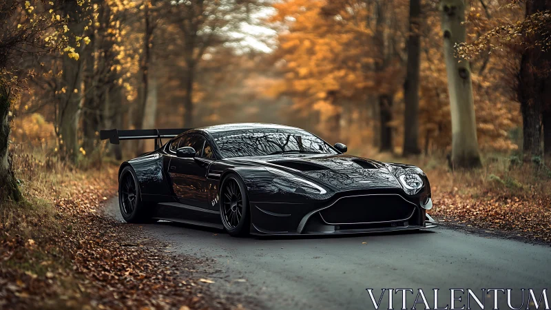 Low-slung black supercar contrasts autumn forest in cinematic light