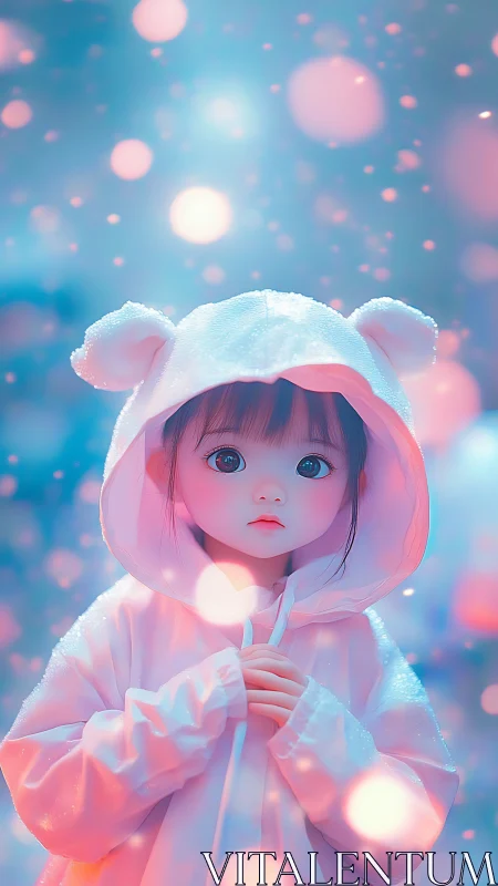 Child in luminescent hooded coat within bokeh particle field.