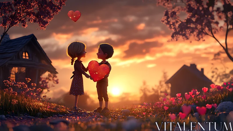 Two Children Share a Glowing Heart at Sunset.