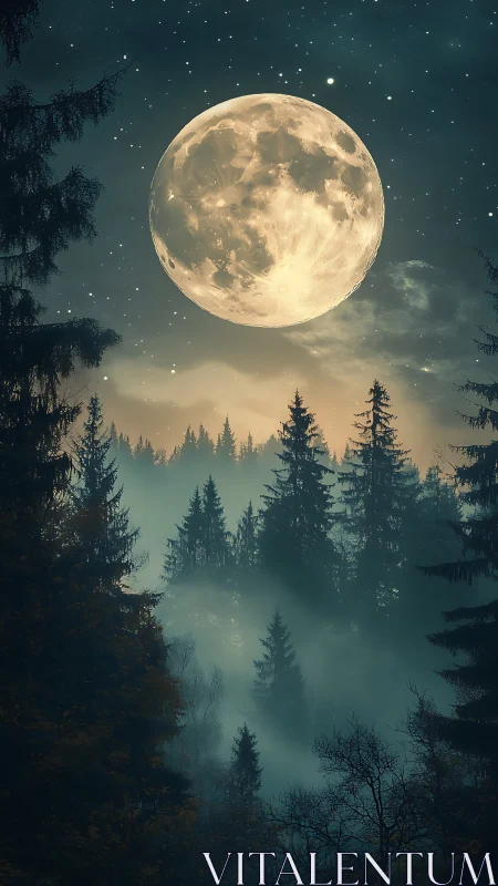 Moonlit Forest Night with Massive Full Moon Over Misty Trees