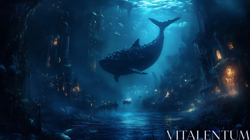 Whale glides gently above a glowing underwater fantasy city