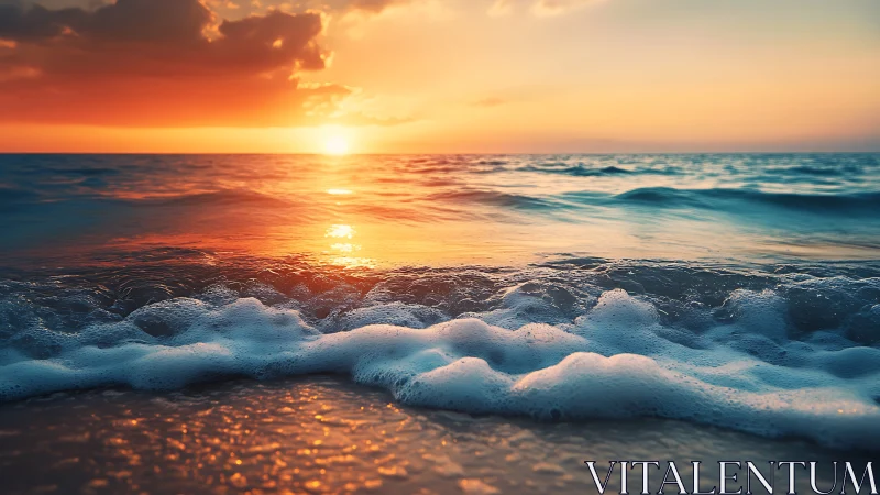 Sunlit shoreline waves with golden hour ocean reflections.