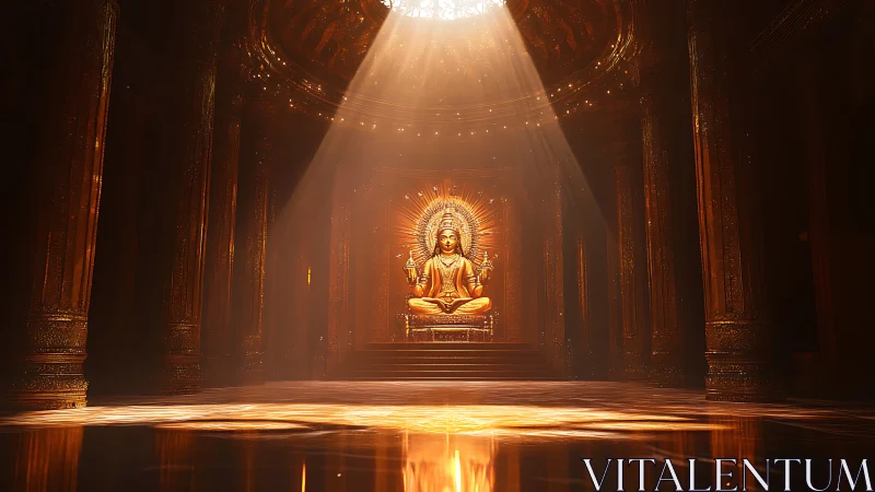 Radiant golden deity in volumetric-lit temple interior chamber.